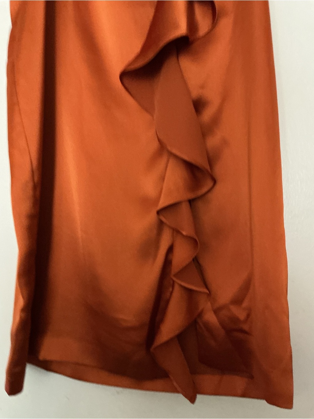 One-Shoulder Rust Satin Dress with Cascade Ruffle - Picture 3 of 7